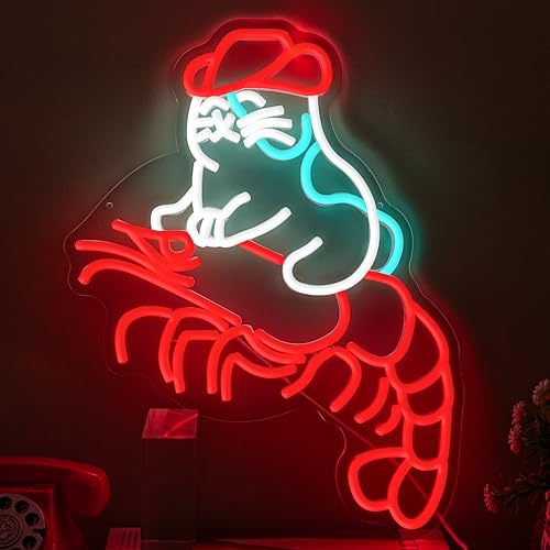 Cat Cowboy Lobster Neon Sign Dimmable Cowboy Shrimp LED Neon Light Cat Crawfish Light Up Sign for Wall Decor Home Club Party Hotel Bar Restaurant - style: Cat Cowboy Lobster