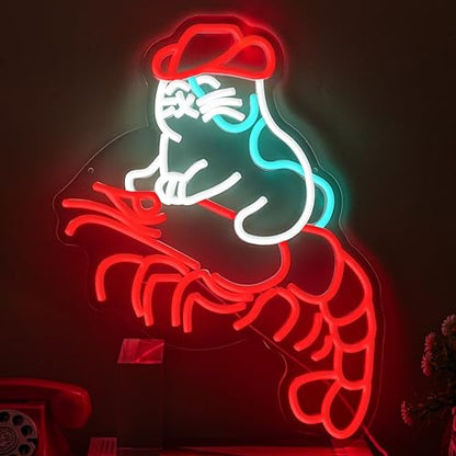 Cat Cowboy Lobster Neon Sign Dimmable Cowboy Shrimp LED Neon Light Cat Crawfish Light Up Sign for Wall Decor Home Club Party Hotel Bar Restaurant - style: Cat Cowboy Lobster