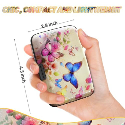 Credit Card Holder, Colorful Butterfly Mini RFID Small Aluminum Card Wallet | Blocking Slim Metal Business Card Case, RFID Blocking Front Pocket Wallet Hard Case Durable CC Holder for Women Girl - color: Colorful Butterflies