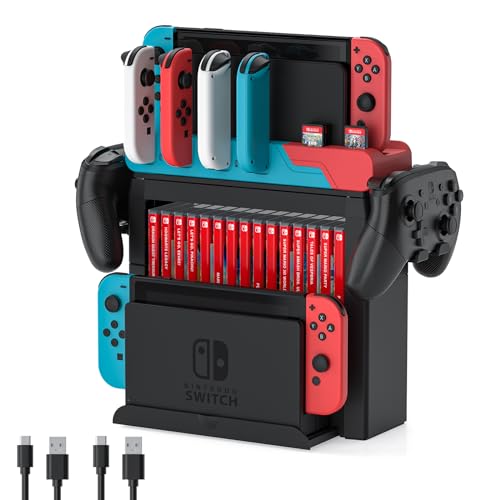 Switch Game Storage with Controller Charger for Nintendo Switch & OLED Model, Switch Charging Dock Charges 6 Joycons, Switch Gaming Accessories Holder Desk, Switch Game Gift Card Organizer (Red＆Blue) - color: Red＆Blue