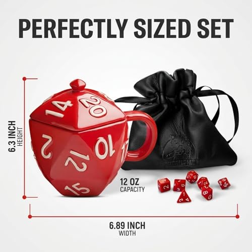 D20 Mug Gift Set by Generix Geek — 7 Red Polyhedral Dice, Ceramic Mug with Lid & Vegan Leather Pouch | DND Dungeons Dragons Tabletop RPG Gift