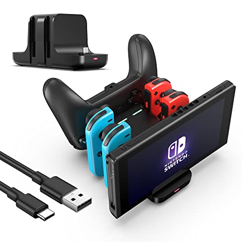 RHOTALL 6 in 1 Controller Charger Dock for Nintendo Switch & OLED & Lite, Charging Station for Joy-Con and Pro Controller with LED Indicator and Type C Charge Cable, Black