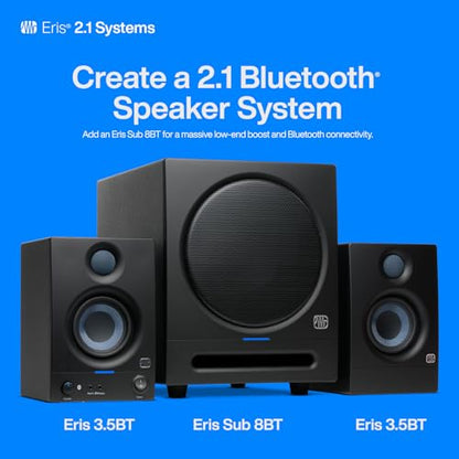 PreSonus Eris 3.5BT Studio Monitors, Pair — 3.5" Inch Powered Speakers, Bookshelf Speakers, Stereo, Desktop Computer, Near Field Music Production, Audio Mixing Recording | 3.5 Drivers, 25W per Side, Trs and Rca Rear Inputs, Front 1/8 Aux and Headphone Jac