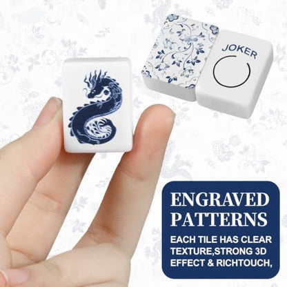 Soulchen 160 Chinoiserie Blue Porcelain American Mahjong Tile Set with Acrylic Storage Box & Dice 1.2" 3D Engraved Tiles for Adults Friends Family Game Night Mahjong Travel Size Chinese Game Gifts - style: Chinoiserie