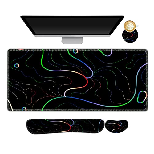 ARTSO Gaming Mouse Pad Wrist Support Set, XXL Large Desk Mat Mousepad + Keyboard Wrist Support+ Mouse Wrist Rest+Coaster 4in1 Ergonomic, Memory Foam, Stitched Edge for Home Office -Colorful Lines - color: Colorful Lines