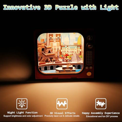 Street View of Paris 3D Wooden Puzzle with LED Lights, DIY Craft Model Kit for Adults & Kids, Elegant Home Decor and Creative Gift Idea - style: Street View of Paris
