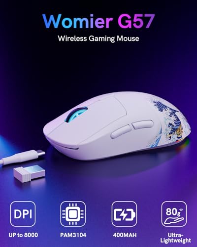G57 Wireless Gaming Mouse, 8000 DPI, 80g, 2.4G/Bluetooth/USB-C Rechargeable Wireless Mouse with 5 Programmable Buttons for PC/Mac, White - color: White