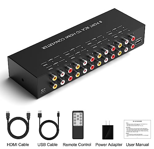 8Port AV to HDMI Converter Adapter Support 16:9/4:3 Switch for Wii/N64/PS1/PS2/PS3/VHS/VCR/DVD Players etc (8Port RCA in to 1 HDMI Converter with IR Remote) - style: 8Port AV to HDMI Converter