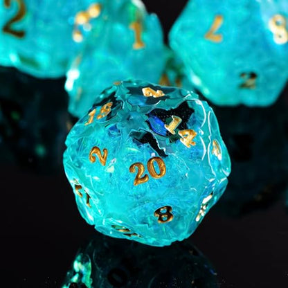 Cusdie Sharp Edge DND Dice, 7 PCS Shamrock DND Dice Set D&D D20 D12 D10 D8 D6 D4, Handcrafted Polyhedral Dice Set for RPG and Other Table Games(Cyan) - color: Cyan
