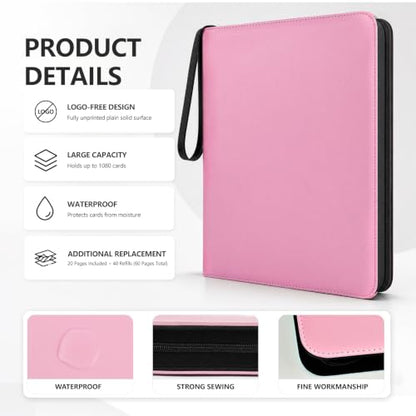 9 Pocket Zip Card Binder, Trading Card Album Holds 1080 Cards, Pink | Logo-free design,top-loading pages,removable double-sided pockets,waterproof cover,soft lnner lining. - color: Pink, size: 9 Pocket 1080