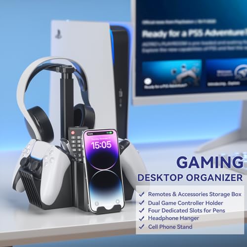 KDD Dual Controller Holder with Headphone Stand - Multi-Functional Desk Storage Box with Phone Holder - Universal Controller Stand with Desktop Organizer for Remote Control Pen Accessories(Black)