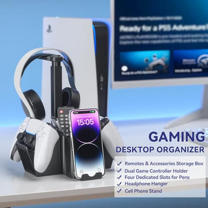 KDD Dual Controller Holder with Headphone Stand - Multi-Functional Desk Storage Box with Phone Holder - Universal Controller Stand with Desktop Organizer for Remote Control Pen Accessories(Black)