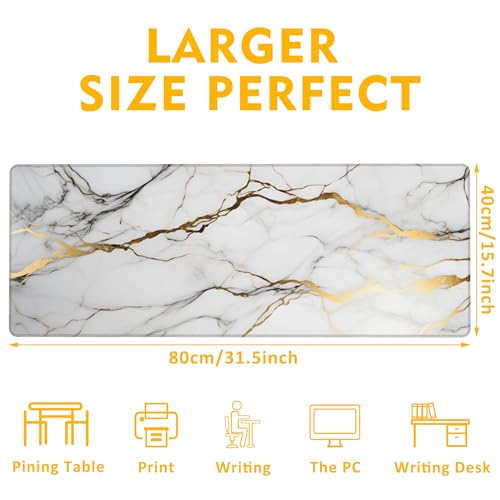 Desk Mat,Gold Line Marble Gaming Mouse Pad,31.5""X15.7"" Large Desk Pad with Stitched Edge Non-Slip Base Keyboard Big Mouse Pad for Office Home Work Gaming-White, WDQ-D02 - color: Marble Granite with Gold Texture