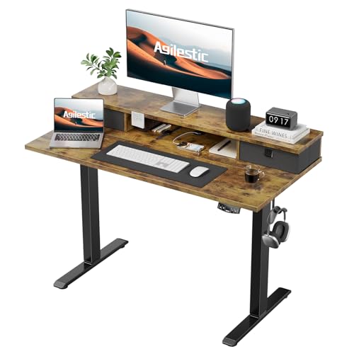 Agilestic 40 x 24 Inches Height Adjustable Electric Standing Desk with 2 Drawers, Stand Up Electric Standing Desk Adjustable Height, Sit and Stand Computer Table with Splice Board, Rustic Brown - color: Rustic Brown, size: 40 x 24 Inches with 2 drawers