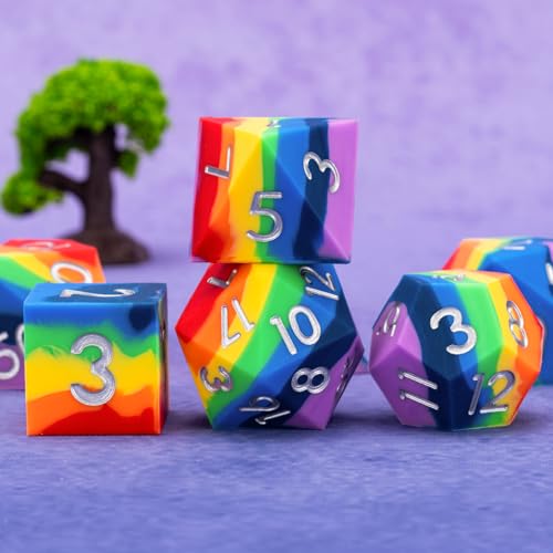Sharp Edge Silicone Rubber Poly DND Dice Set D&D Polyhedral Dice 7pcs (D4, D6, D8, D10, D12, D20, D%) for Dungeons and Dragons, RPG, MTG for Ages 15 and Up - color: Rainbow 1