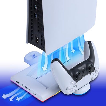 ECHZOVE PS Slim Cooling Station with RGB Lights High-Speed Cooling Fan & Controller Charging Dock, DualSense Charger Stand for P5 Slim Console, Space-Saving Stand