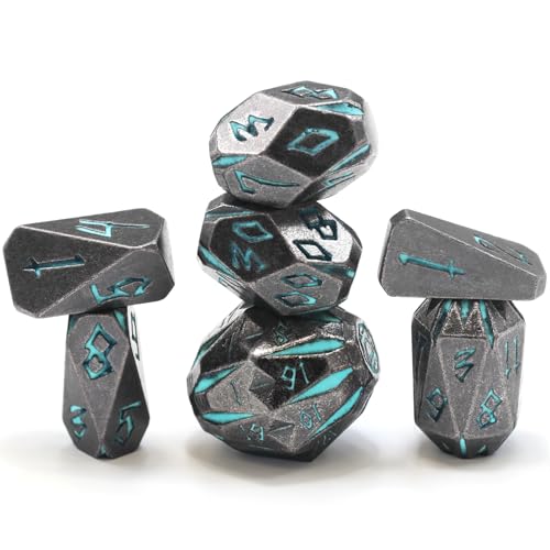 FONVGOGO Metal DND Dice Set, 7 Dungeons and Dragon Dice Stonehenge Design | Unique Cool D and D Metal Dice Set for RPG Role Playing Games, Blue Polyhedral Dice, DND Gifts for Tabletop Games - color: S Blue