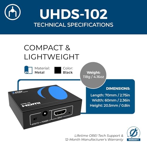 OREI UltraHD 4K @ 60 Hz 1 x 2 HDMI Splitter 1 in 2 Out (2 Port) 4:4:4 8-bit - Does Not Bypass HDCP, 18 Gbps, 4K HDMI Splitter | OREI UltraHD 4K@60Hz 1x2 HDMI Splitter 1 in 2 Out - 8-bit, 18 Gbps, 4K - Does Not Bypass HDCP - size: 1x2, style: Splitter