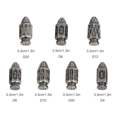 UDIXI Metal DND Bullet Dice Set, 7PCS D&D Bullet Polyhedral Dice Set Nickel | Cool Design, Magazines Container and PU Leather Bag, for Dungeons and Dragons Role Playing Games and Tabletop Games RPG - color: Silver