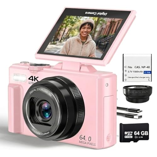 Acuvar 4K Digital Camera for Photography, 64MP Vlogging Camera with Flip Screen, WiFi, Wide Angle Lens, 16X Zoom, Compact Camera for YouTube, Travel, Beginners with 64GB Card - style: Starter Camera Kit