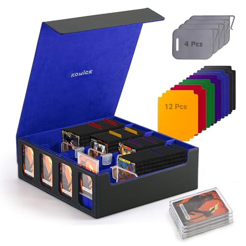 Ultra-Capacity 4-Row Trading Card Storage Box with Commander Display - Holds 3000+ Cards with 12 Dividers & 4 Card Holders, PU Leather Deck Box MTG, Deck Box TCG YuGiOh, Sports Cards - color: Black / Blue