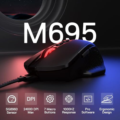 Redragon M695 Wired Optical Gaming Mouse 24000 DPI Remapping Keys | Stable Lag-Free Connection, Smooth Precise Tracking, Programmable Button, Ergonomic Grip Body Comfort