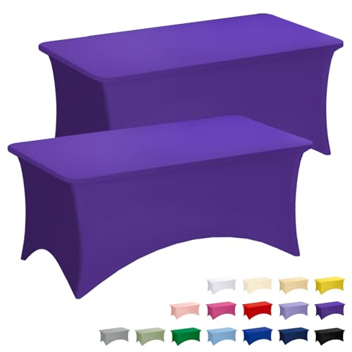 Fixwal Purple Stretch Table Cloth Rectangle 2 Pack 6Ft, Spandex Fitted Table Covers Washable for Party, Trade Show, Banquet, Wedding, Buffet - color: Purple, size: 6 Ft