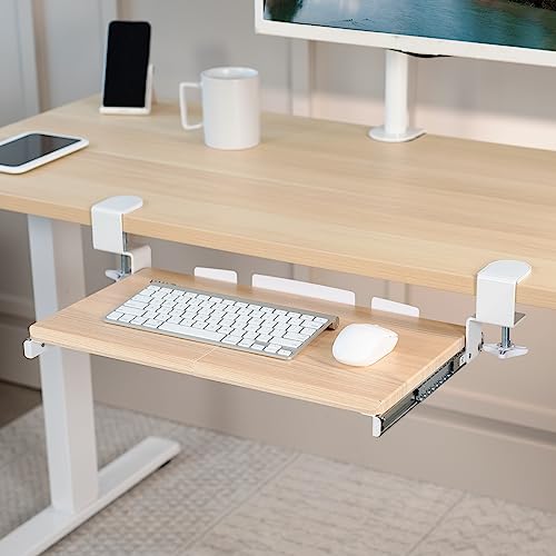 VIVO Small Clamp-on Computer Keyboard and Mouse Under Desk Slider Tray, 20 x 11 inch Pull Out Platform Drawer, Light Wood, MOUNT-KB05ES-A | Keyboard Tray for Typing, Slide Out Platform, Extra Sturdy C-Clamp Mount System, Computer Drawer, White Frame - col