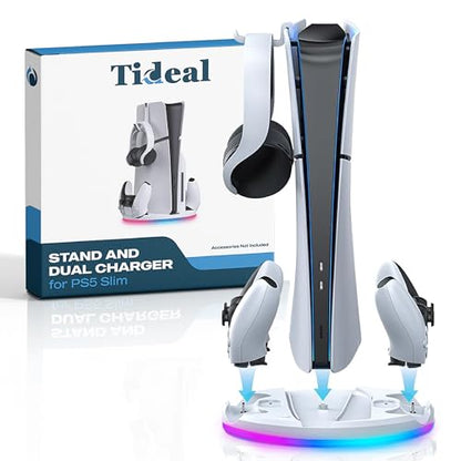 Stand with Dual Controller Charger for PS5 Slim – Vertical Console Stand with Headset Hook for PlayStation 5 - Cool RGB Lights - Efficient Charging - Charging Station for Dualsense and Edge Gamepad