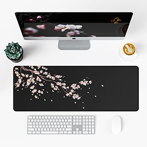 ETZ Japanese Plum Blossoms Black Mouse Pad XL, 31.5 x 11.8, 1 Pack | Extended Desk Mat, Stitched Edges, Non-Slip Rubber Base, Artistic Floral Design, Waterproof Surface, Smooth Gaming Tracker - color: Plum Blossom Mouse Pad-1