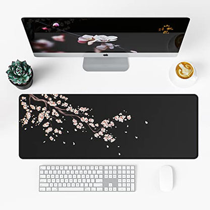 ETZ Japanese Plum Blossoms Black Mouse Pad XL, 31.5 x 11.8, 1 Pack | Extended Desk Mat, Stitched Edges, Non-Slip Rubber Base, Artistic Floral Design, Waterproof Surface, Smooth Gaming Tracker - color: Plum Blossom Mouse Pad-1