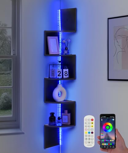 5 Tiers Corner Shelf with RGB LED Lights, 49.2" Wall Mount Floating Corner Display Shelf for Living Room Bedroom Home Office Decor, APP & Remote Control (Black) - color: Black