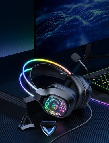 ONITOON Gaming Headset with Microphone, RGB Lights, Detachable Cat Ear, Lightweight Over-Ear Headphones with Adjustable Headband for PC, PS4, PS5, Mac, Switch, Surround Sound, in-Line Control, Black - color: Black