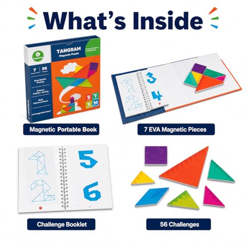 TRAVOFUN Magnetic Tangram Puzzle | Travel Games for Kids Ages 4-8 | Travel tangram puzzle with 7 magnetic pieces and 56 challenges builds spatial thinking in a compact 6.5-inch activity book. - style: Tangrams Game