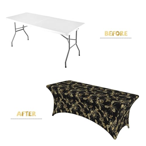 Famame Gold Bee Seamless Rectangular Fitted Tablecloth- 6Ft Stretch Spandex Table Covers Patio Design Tablecloths for Wedding Banquet Party (72Lx30Wx30H) - color: Gold Bees, size: 3" x 1" (Rectangular)