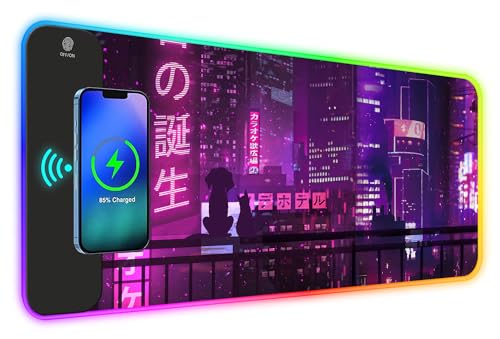 RGB Gaming Wireless Charging Mouse Pad Mat, 15W 10 Light Modes LED Mousepad | ToLuLu Computer Keyboard Mouse Pad, 800x300x4MM Extended Large Desk Mat for Gaming, MacBook, Laptop, PC, Neon Purple Sign - color: Neon Purple Sign