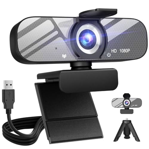 HD 1080P Webcam with Built-in Microphone and Rotatable Tripod, 1080P Video and Wide Angle Camera, Privacy Cover, for Desktop PC or Laptop Computer （Grey） - color: grey