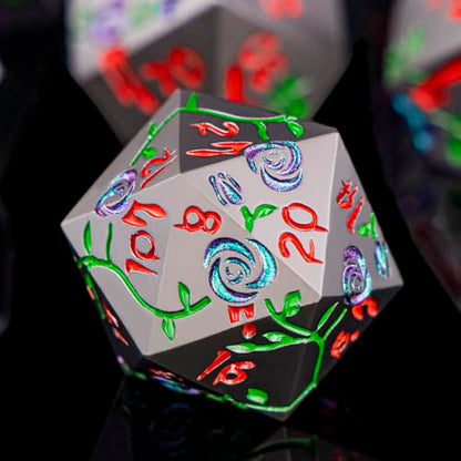 Gothic DND Dice Set Bleeding Rose Metal D and D Dice for use with Dungeons Dragons D&D Role Playing Game, Purple Green RPG Blood Polyhedral Dice Set D20 D12 D10 D8 D6 D4 - color: Purple Green&black&red Numbers
