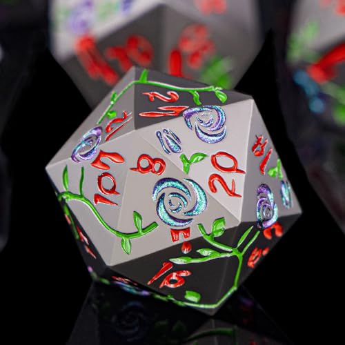Gothic DND Dice Set Bleeding Rose Metal D and D Dice for use with Dungeons Dragons D&D Role Playing Game, Purple Green RPG Blood Polyhedral Dice Set D20 D12 D10 D8 D6 D4 - color: Purple Green&black&red Numbers