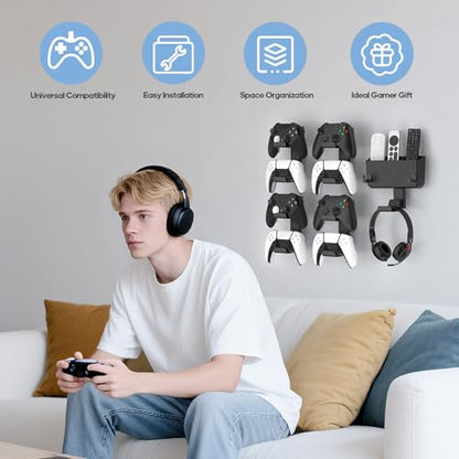Controller & Headset & Remote Holder Wall Mount with No Drill, 4 Packs Gaming 8 Controllers Hanger Hook Mount for PS5/PS4/XBOX/Switch, Headphone Stand & Remote Control Holer Wall Shelf with Adhesives - size: 5 Packs