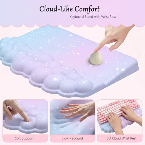 Computer Keyboard Stand Pad with Wrist Rest Purple Blue Cloud Keyboard Pad Support with Comfortable Galaxy Stars Wrist Pad Cute Girl Ergonomic Tilted Keyboard Riser Holder for Desktop Office Home - color: Cloud Purple Blue