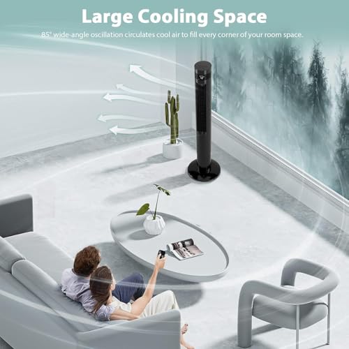 Antarctic Star Tower Fan 42INCH, BLACK | 85°Oscillating, Quiet Cooling 12H Timer Remote Control Bladeless 3 Speeds Wind 3 Modes - color: Black, size: 42 Inch