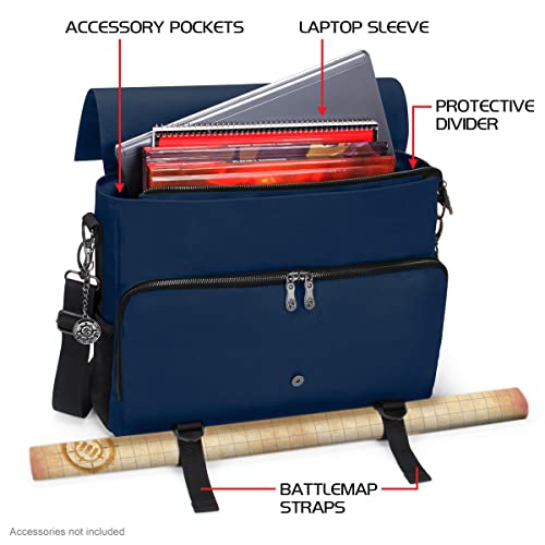 ENHANCE Collector's Edition RPG Player's Essentials DnD Bag - Dragon Hide Exterior Messenger Bag Fits 2-4 Books, Binders, Dice & Accessories, with 17 inch Laptop Slot, Battlemap Straps (Dragon Blue) - color: Dragon Blue