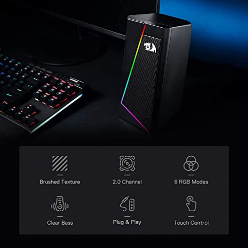 Redragon GS520 Wired 2.0 Channel Stereo Sound Desktop RGB Computer Speakers | Enhanced Auido Quality, Plug & Play USB Powered PC Gaming Speaker, 6 Colorful Backlight Modes, Easy-Access Volume Control - color: Black