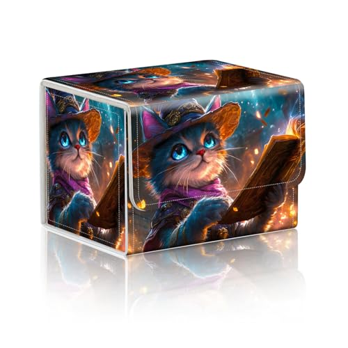 Trading Card Storage Box, Holds 100+ for MTG Cards, PU Leather with Magnetic Closure, Blue Mage Cat Reading Enchanted Tome Durable Deck Box for Magic the Gathering, Trading Card Games - color: Blue Mage Cat Reading Enchanted Tome