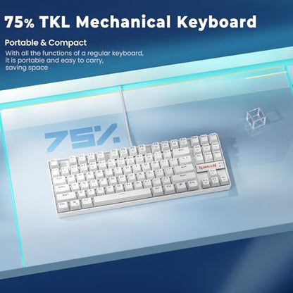 Redragon K552P Mechanical Gaming Keyboard TKL with 18 Backlight Modes, Hot-Swappable Blue Switches, 87-Key Compact Ergonomic Design, N-Key Rollover & Software Programmable Macro - RGB, White - color: White RGB