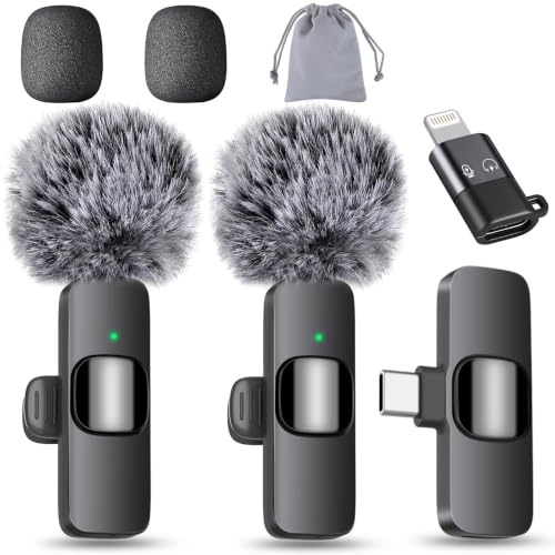 MAYBESTA Wireless Lavalier Microphone for iPhone & Android Phone - Lapel Mini Microphones for Audio Video Recording - 2 Clip on Content Creator Mics for Tiktok YouTube Vlog - color: Matte Black (All iPhones & Androids)