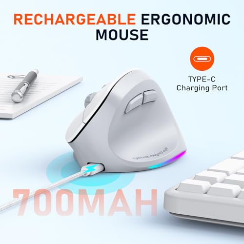 MEETION Ergonomic Wireless Vertical Mouse, Rechargeable, Gray | Bluetooth 5.2 + 3.0 and USB connectivity, RGB backlight, 4 DPI adjustment, compatible with Windows, Mac, Android, PC and iPad - color: Right Gray
