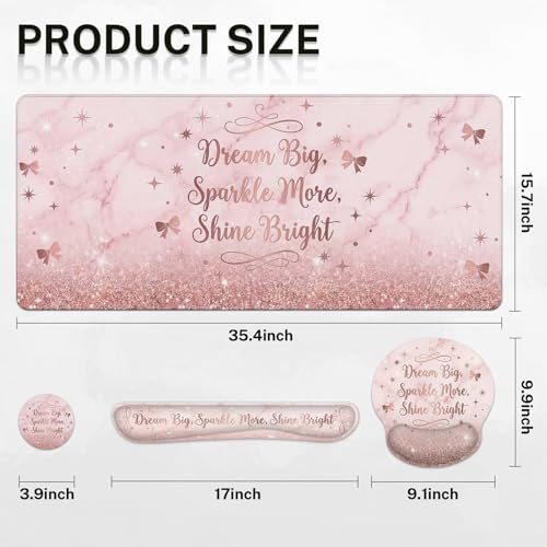 Britimes Pink Glitter Marble Keyboard Mouse Pad Set Bow Inspirational 4in1 Large Mousepad+Keyboard Wrist Rest+Mouse Wrist Rest+Coaster Ergonomic Design for Home Office Computer 35.4x15.7 inches - color: Pink Glitter Marble
