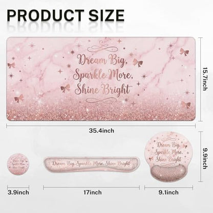 Britimes Pink Glitter Marble Keyboard Mouse Pad Set Bow Inspirational 4in1 Large Mousepad+Keyboard Wrist Rest+Mouse Wrist Rest+Coaster Ergonomic Design for Home Office Computer 35.4x15.7 inches - color: Pink Glitter Marble